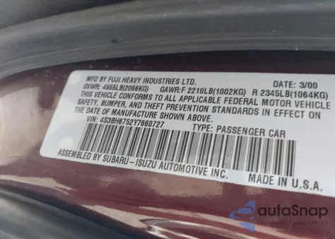 2000 Subaru Legacy Outback Awp из США, поврежденный, VIN 4S3BH6752Y7660727